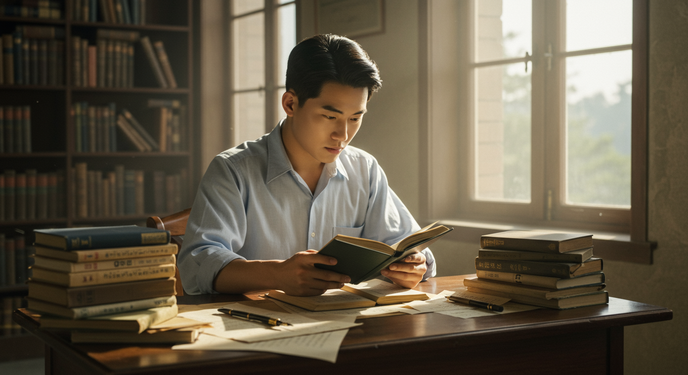 1950년대 대학 캠퍼스에서 책과 노트로 공부하는 젊은 남성