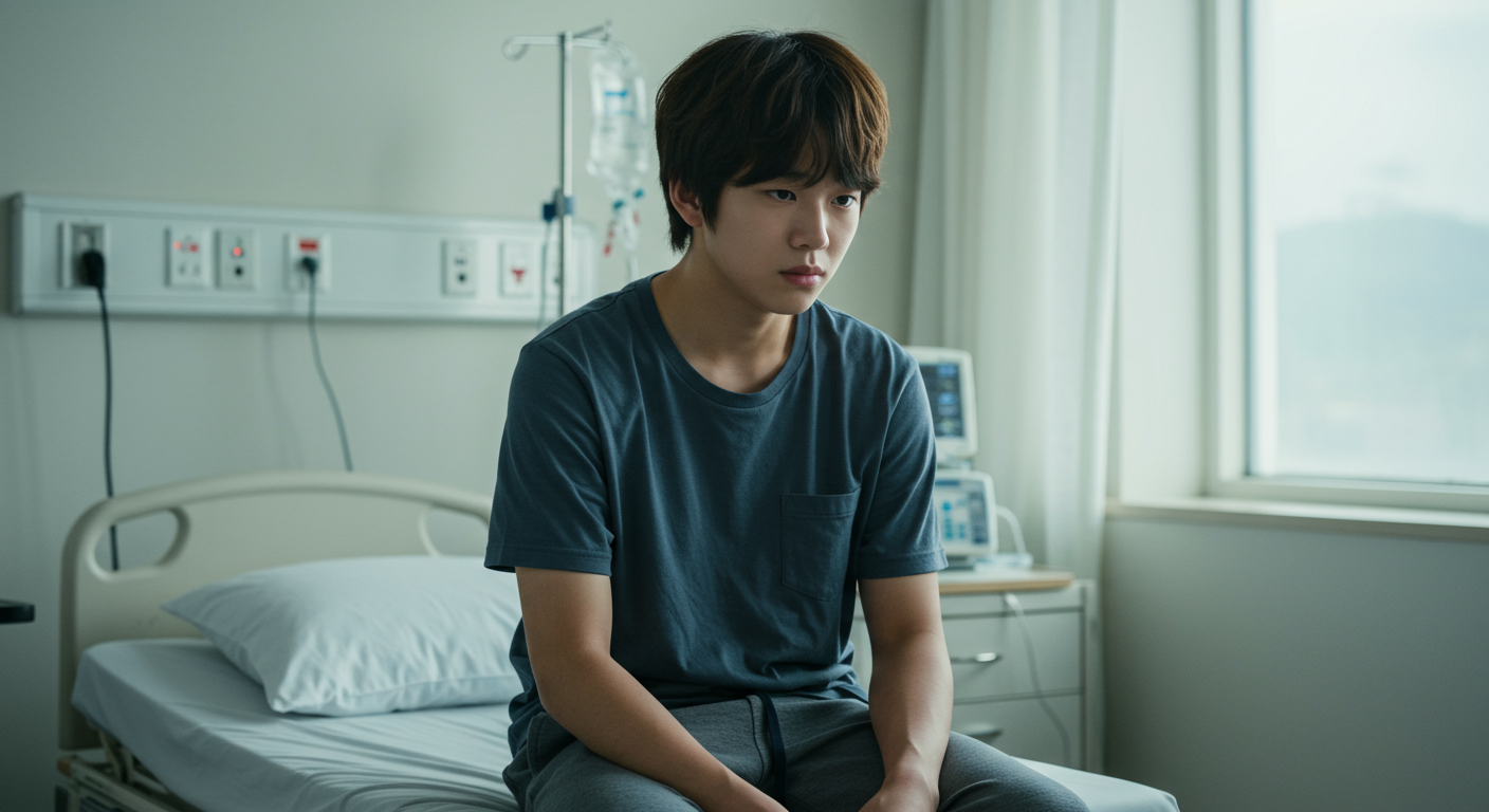 병원에서 성대결절 진단을 받은 십대 청소년이 미래에 대해 고민하는 모습