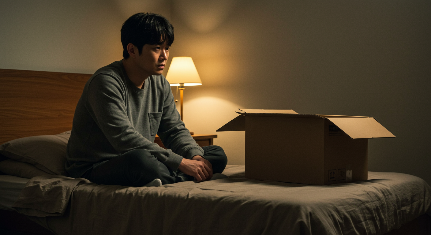 어두운 방 침대에 앉아 생각에 잠긴 남성과 옆에 놓인 택배 상자