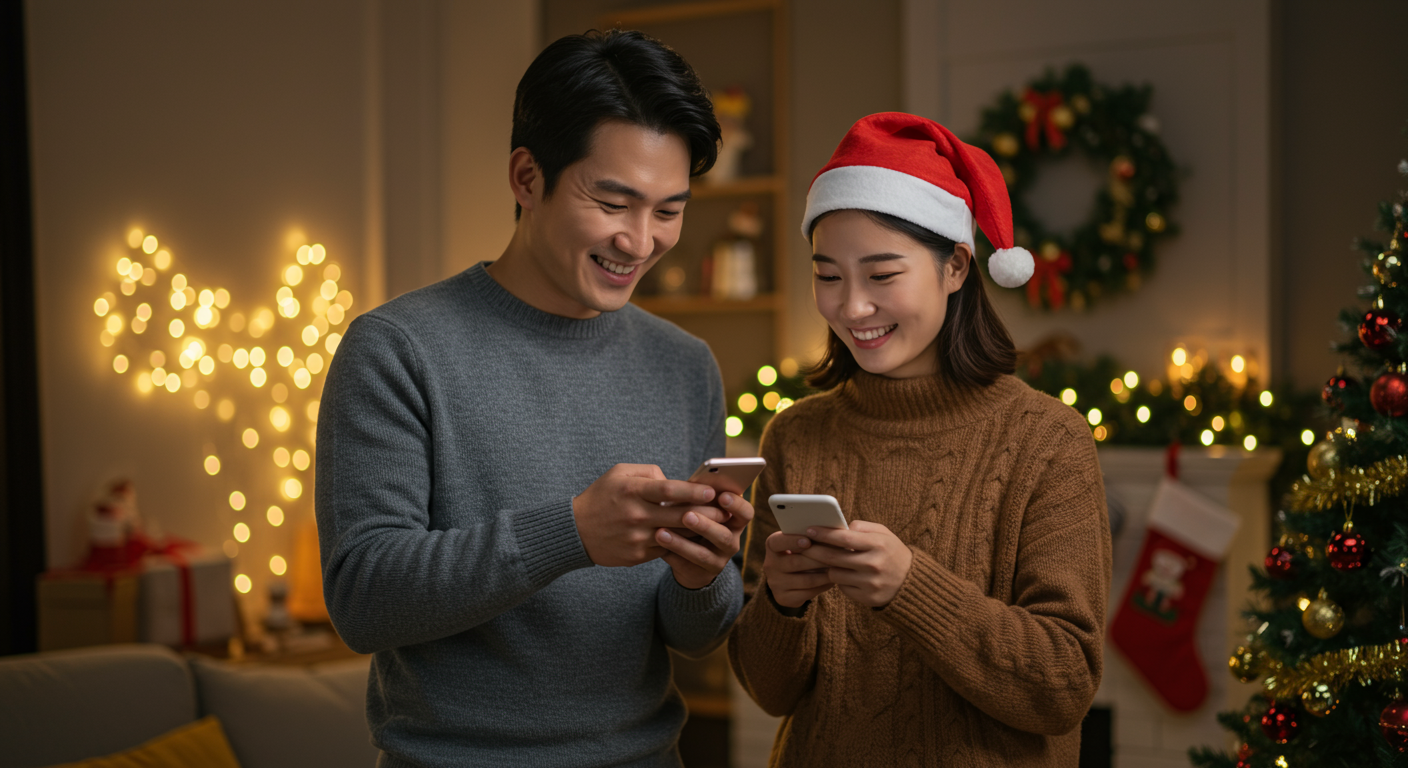 현대적인 커플이 스마트폰을 보며 미소 짓는 모습과 크리스마스 장식