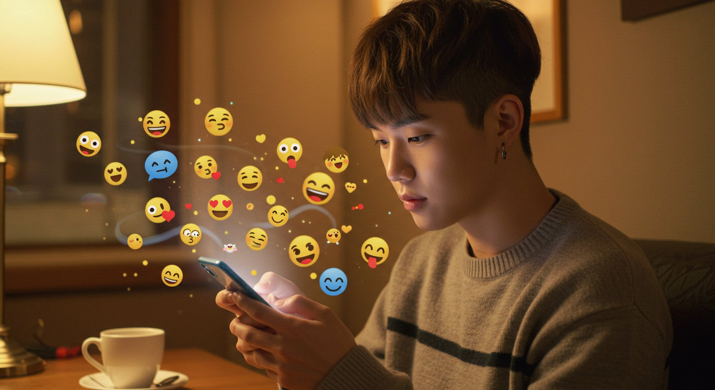 스마트폰으로 문자 중인 젊은 성인과 주변에 떠다니는 이모티콘들