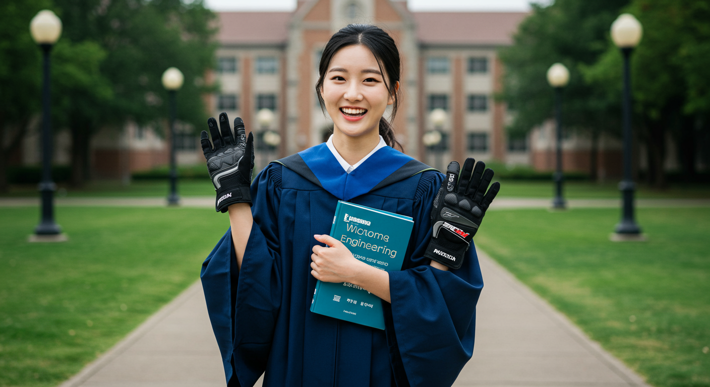 졸업 가운과 엔지니어링 책을 든 여성 모델
