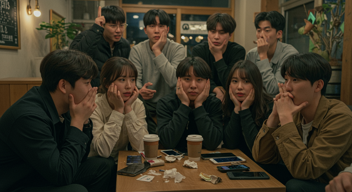 젊은 사람들이 카페에서 스마트폰을 보며 논란의 여지가 있는 손동작을 취하고 있는 모습