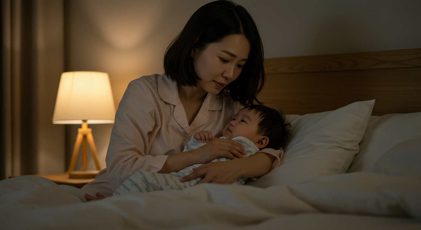 엄마가 밤에 아기를 안고 달래는 따뜻한 장면