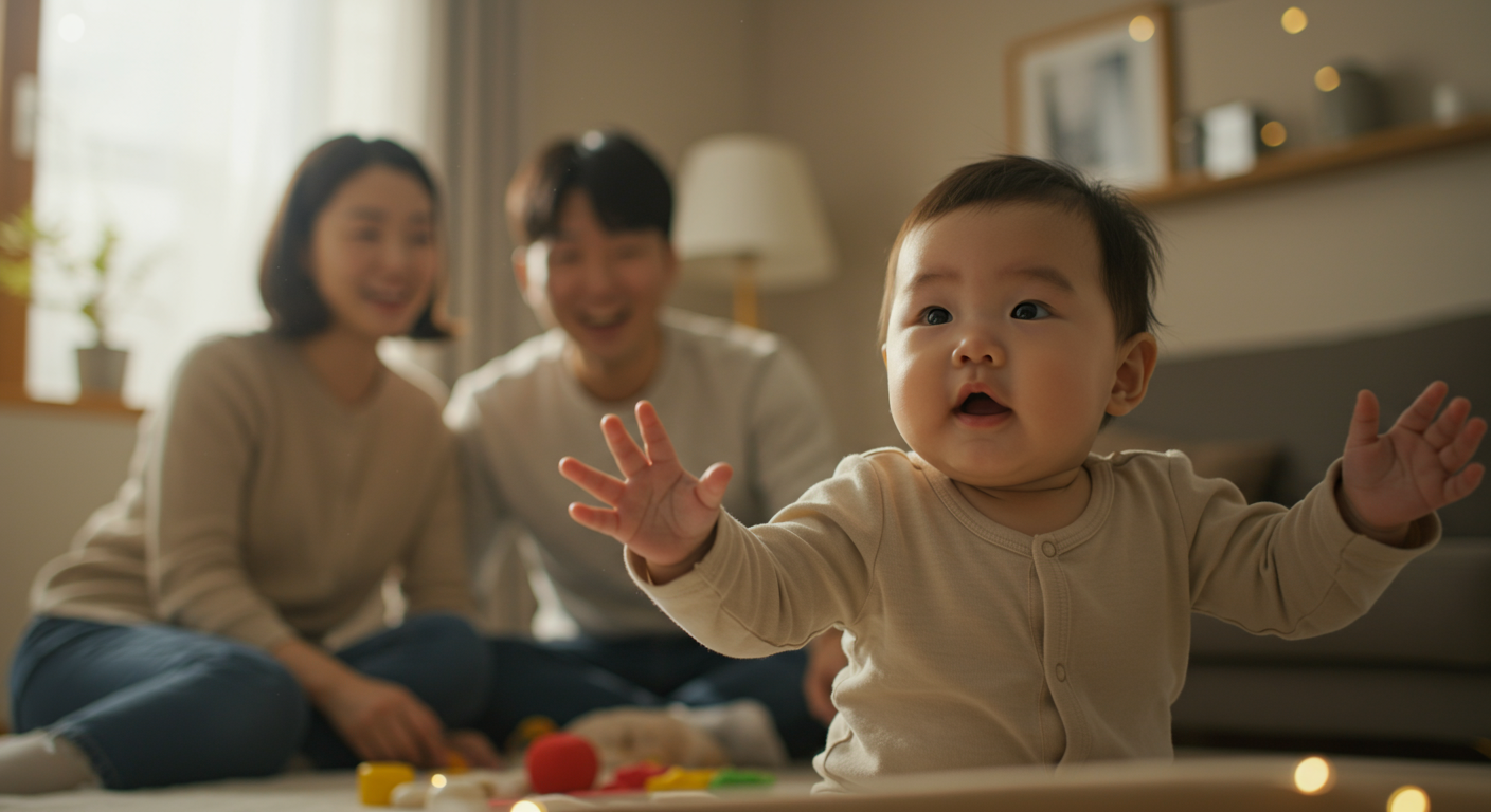 소리와 빛에 반응하는 아기와 그 모습을 지켜보는 부모