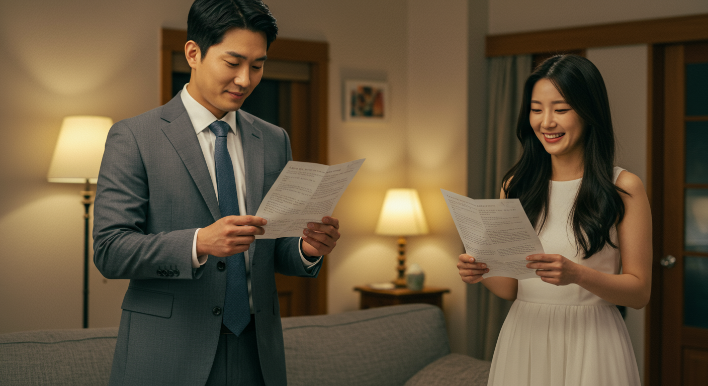 집에서 프린트한 서약서를 들고 연습하는 커플