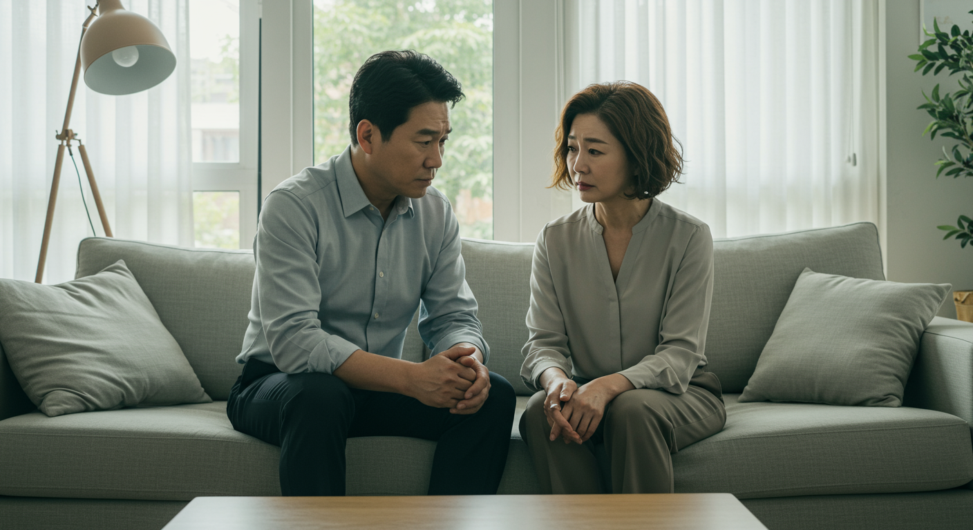 현대적인 거실에서 가족 문제를 논의하며 걱정스러운 표정을 짓고 있는 중년 부부
