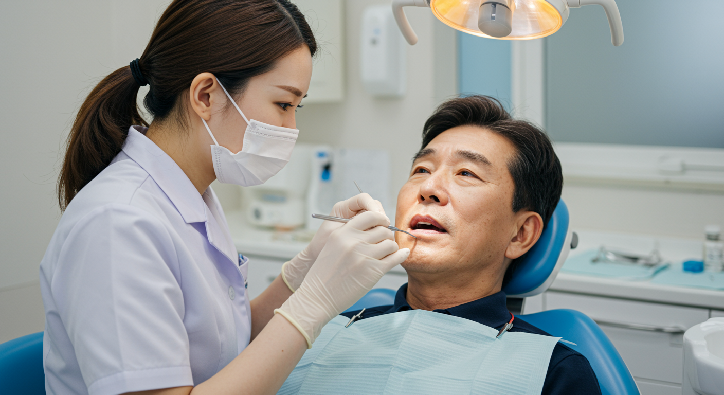 치과에서 검진을 받으며 걱정스러운 표정을 짓고 있는 중년 환자