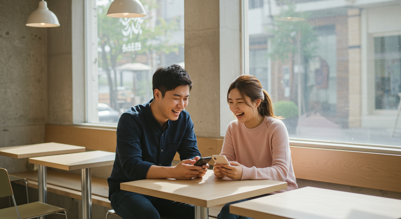 카페에서 최신 트렌드를 이야기하며 즐거워하는 젊은 사람들