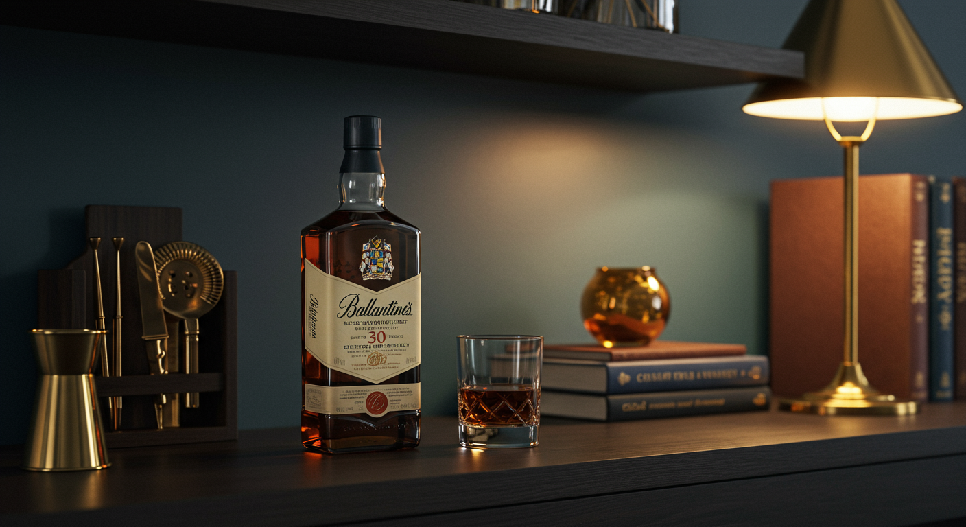 발렌타인 30년산 빈병이 세련된 홈바 선반에 장식된 모습