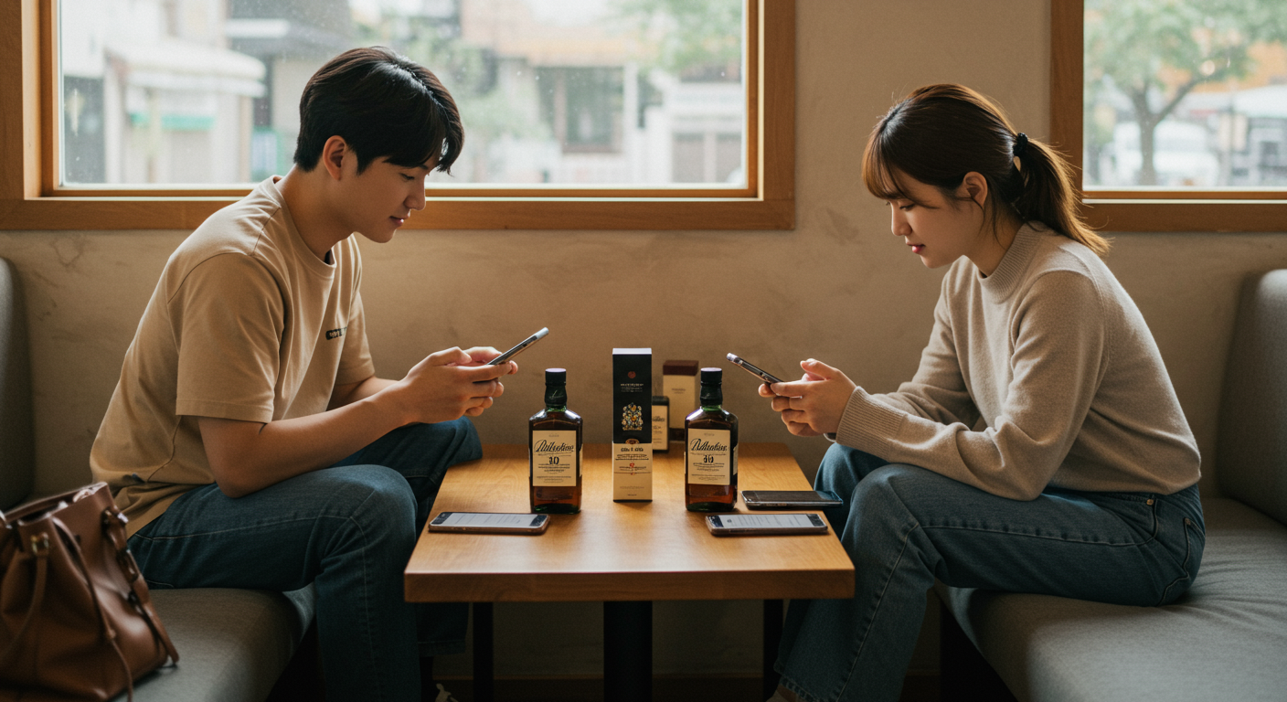 카페에서 스마트폰으로 빈병 시세를 비교하는 젊은 사람들