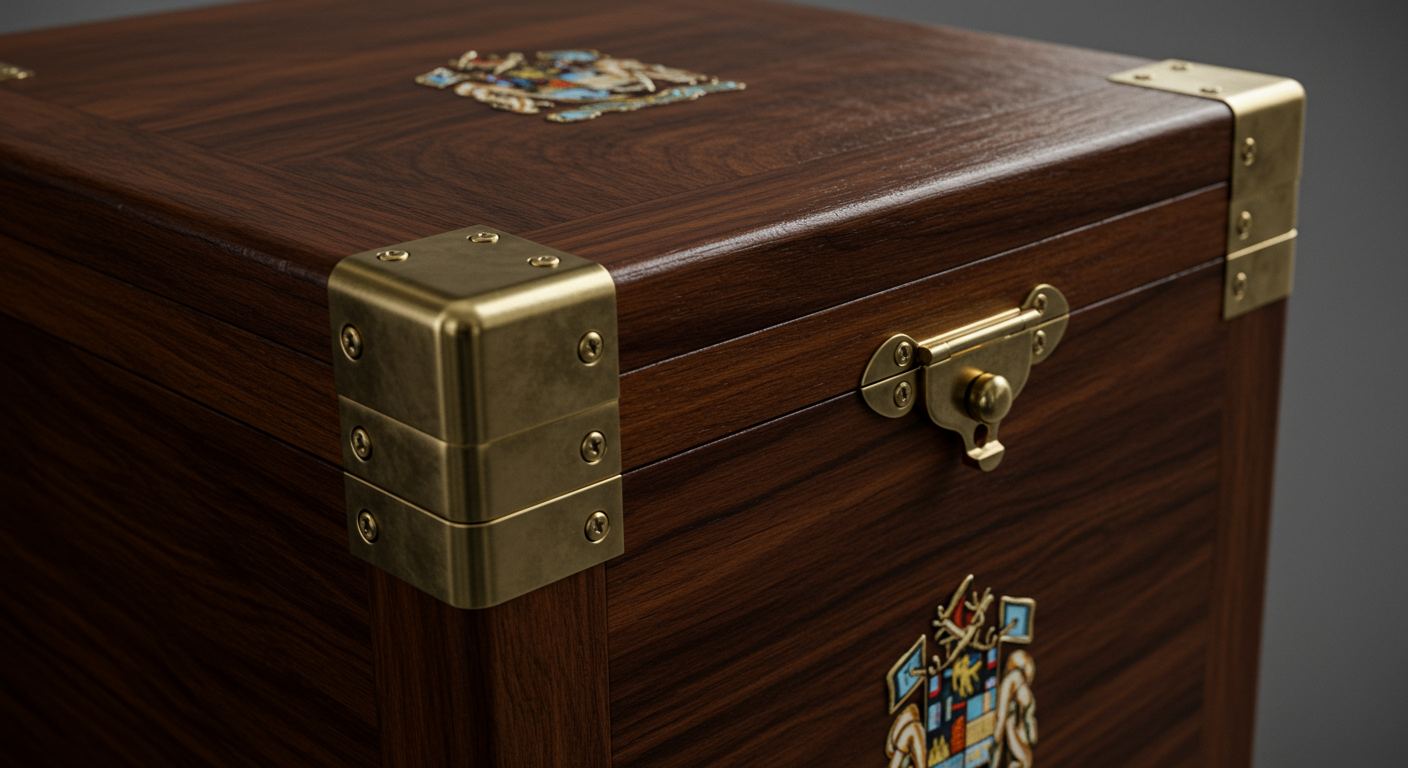 정교한 금속 장식과 마감 처리가 돋보이는 우드케이스의 클로즈업