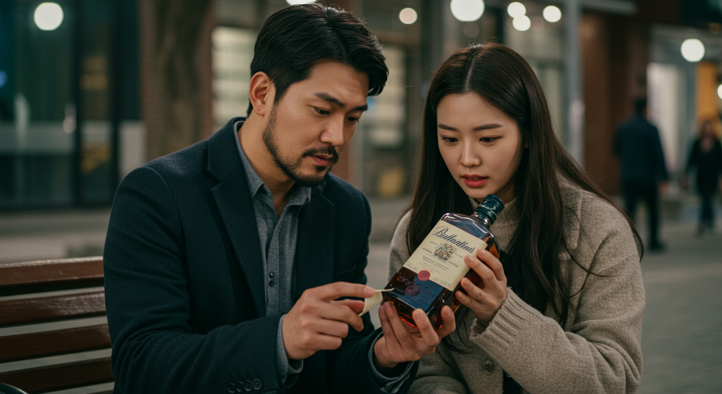 공공장소에서 라벨과 각인을 확인하며 안전하게 거래하는 커플