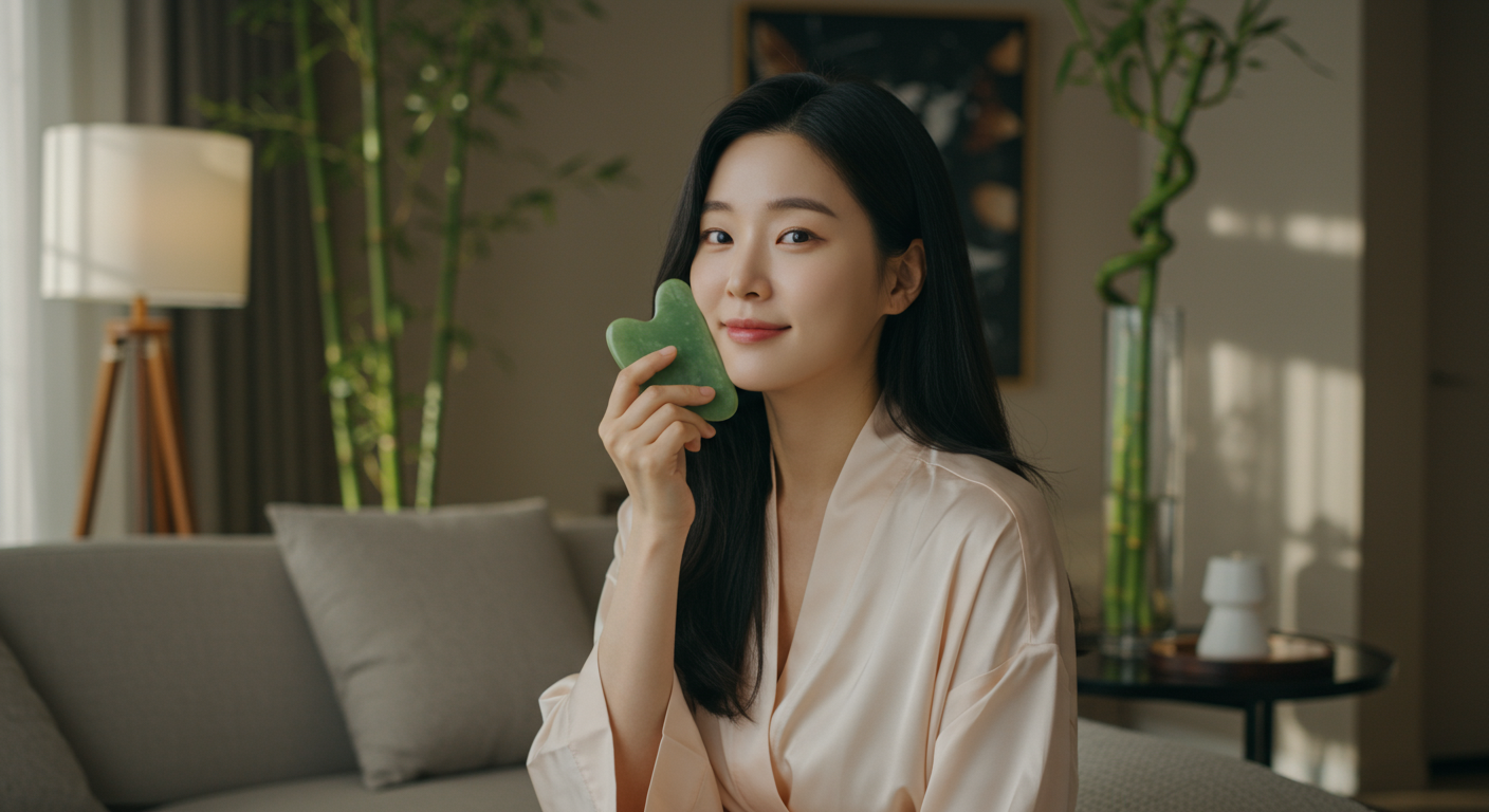 집에서 괄사로 피부 관리를 실천하는 바쁜 여배우의 모습
