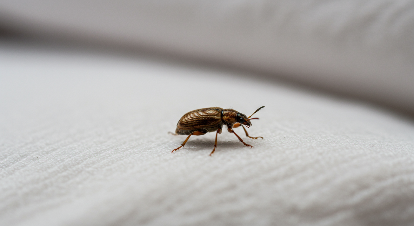 하얀 침대 시트 위를 기어가는 작은 갈색 벌레의 클로즈업 이미지