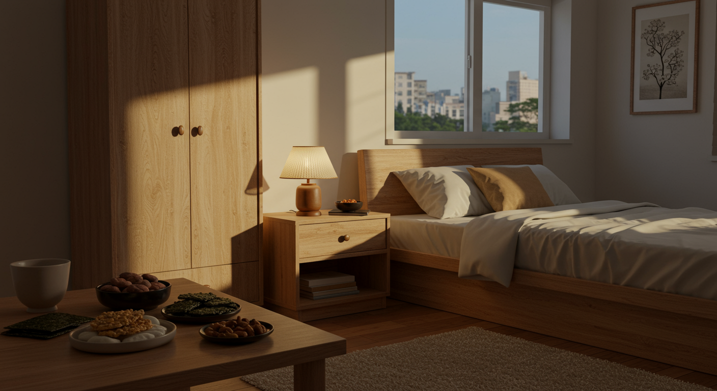 한국식 침실 내부와 나무 가구, 간식과 곡류가 놓여있는 장면