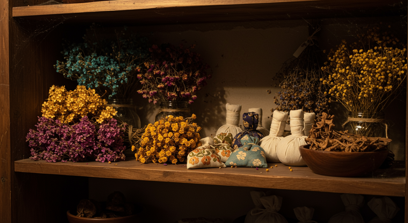 어두운 조명 아래 마른 꽃과 허브 주머니가 놓여 있는 선반 모습