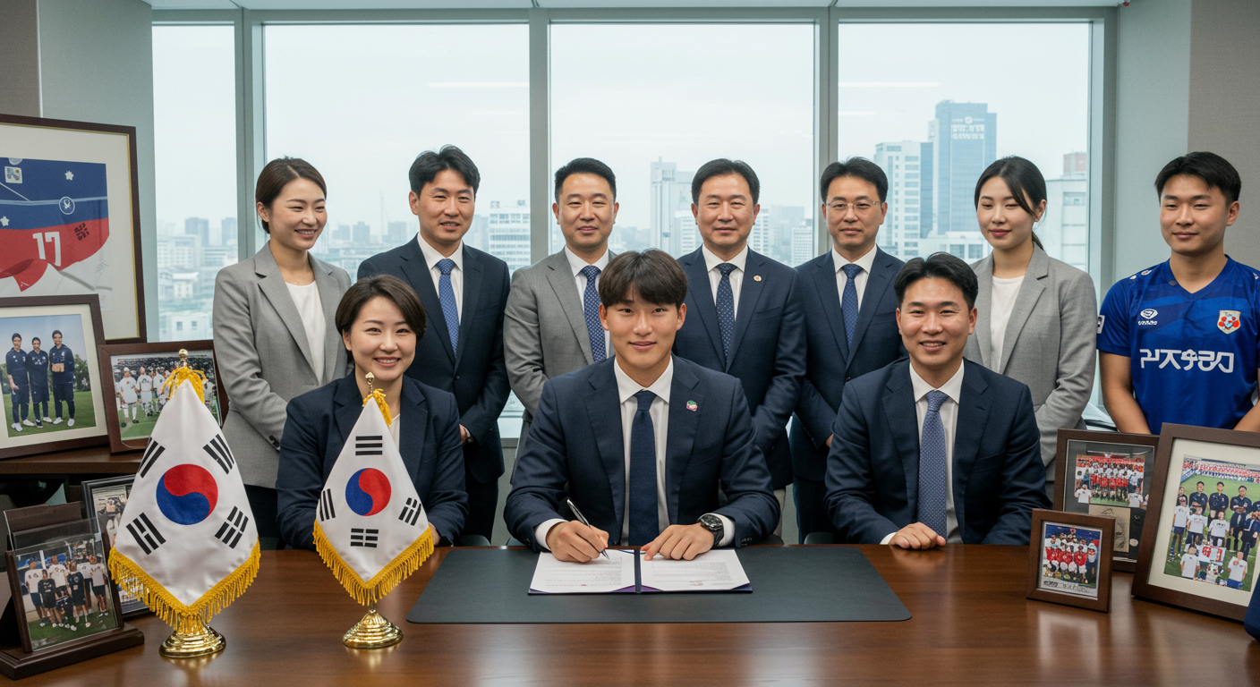 국제 리그 계약 서명 중인 한국 운동선수와 동료들