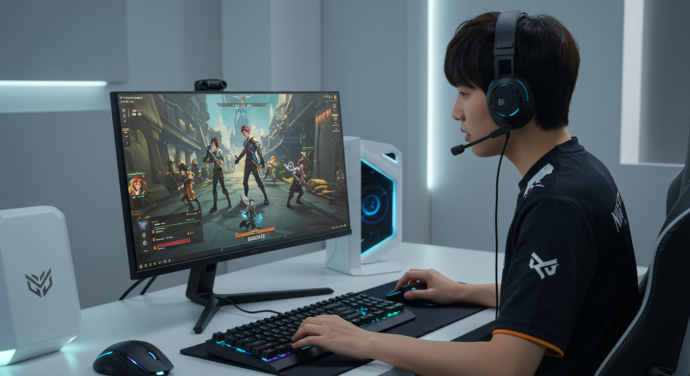 최신 컴퓨터 게임을 즐기는 게이머가 롤토체스 시즌 15를 플레이하는 장면