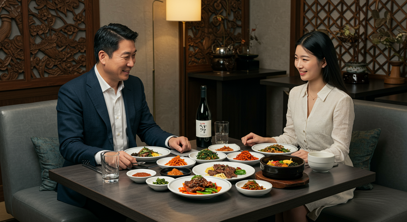 와인과 전통 코스 요리가 있는 고급 한국 레스토랑에서 저녁 식사를 즐기는 두 사람