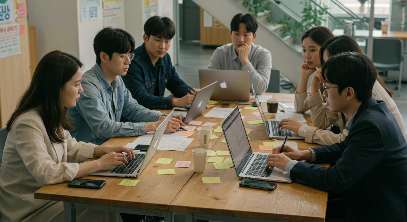 현대적인 한국인들이 테이블에 둘러앉아 노트북과 메모를 두고 대화를 나누며 경험을 공유하는 모습