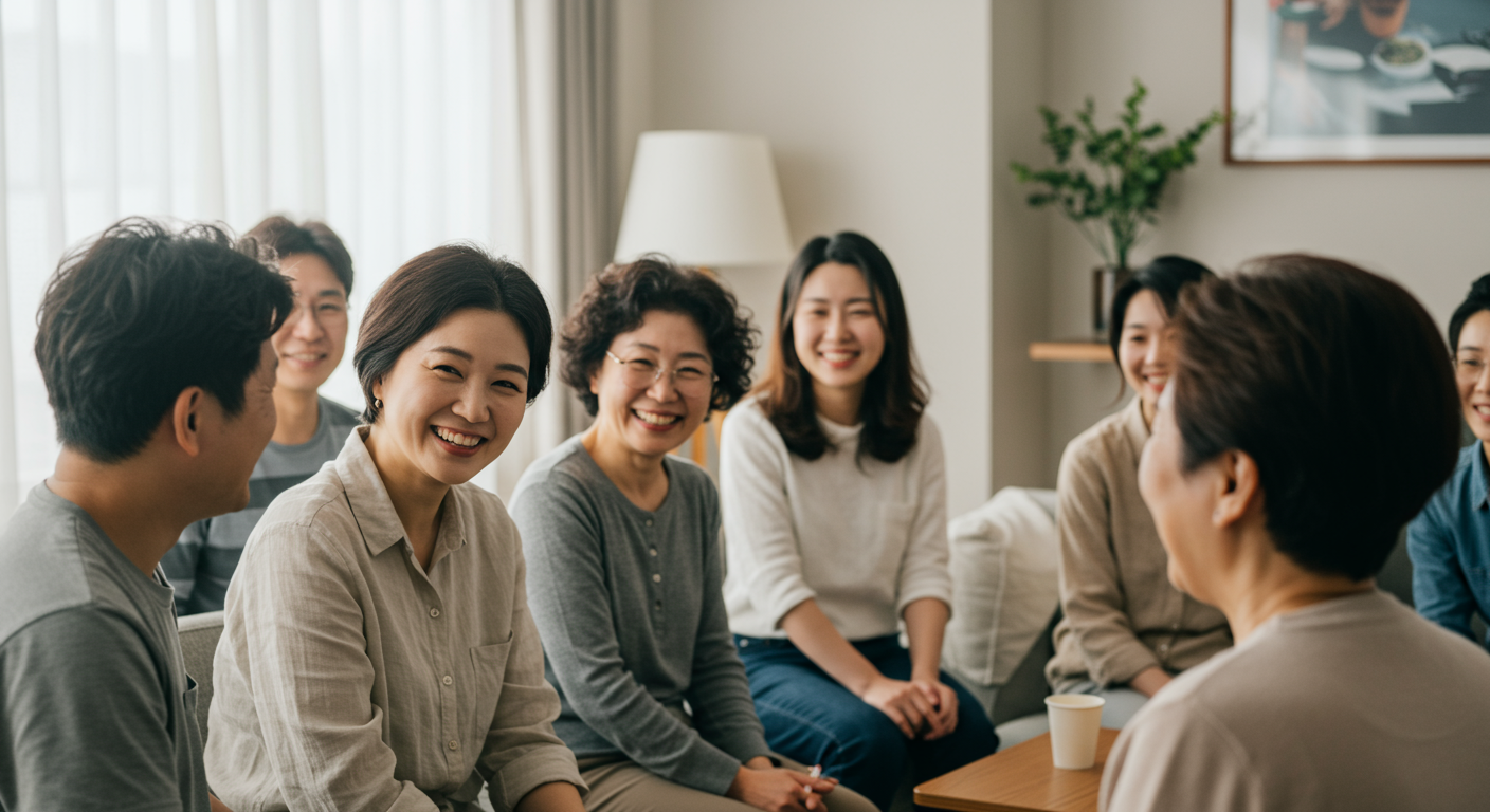 지원 그룹 모임에서 서로 격려하며 미소짓는 따뜻하고 지지적인 환경 속의 한국인들