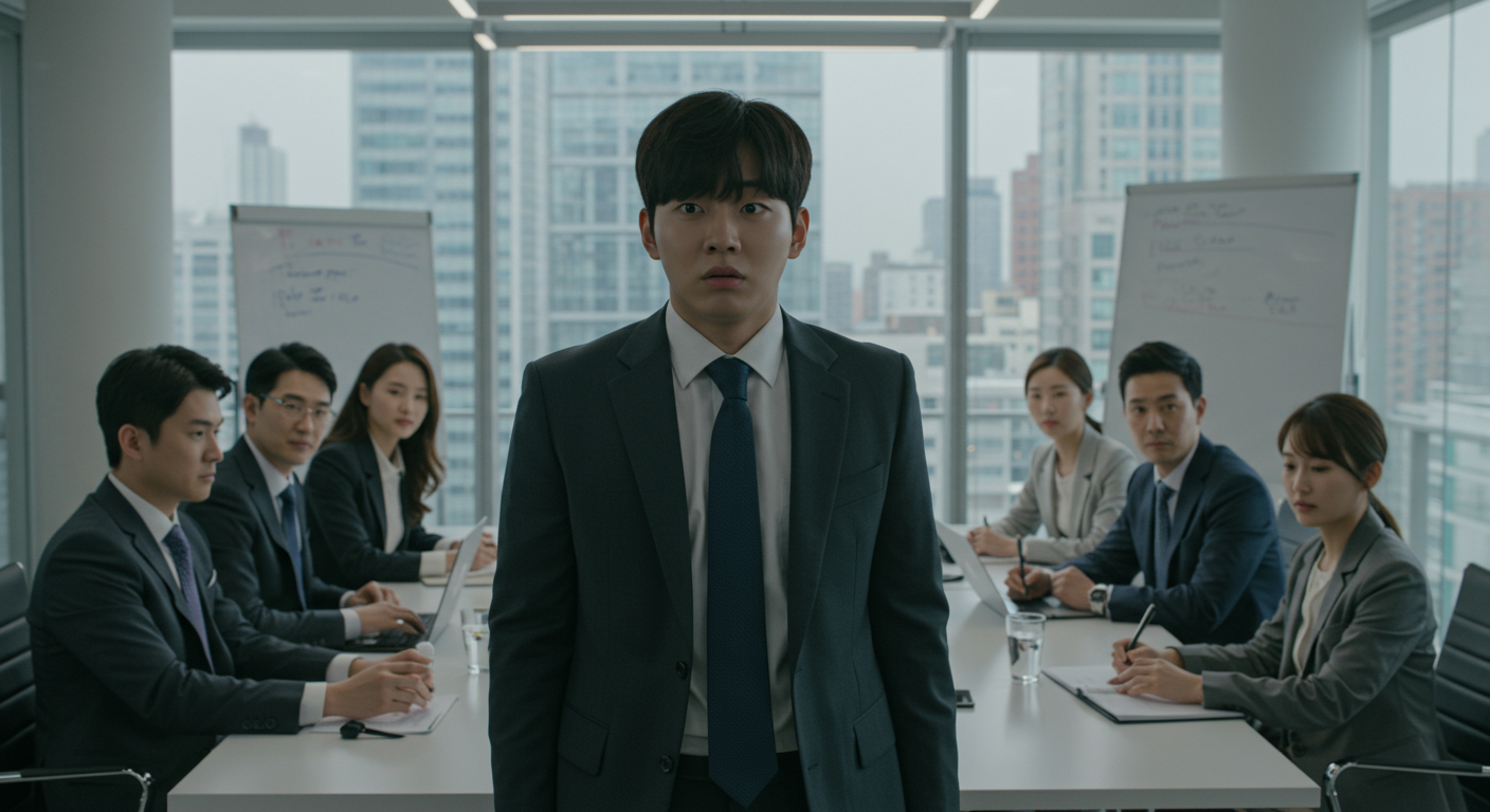 현대적인 회의실에서 혼란스러워하는 젊은 직장인의 모습
