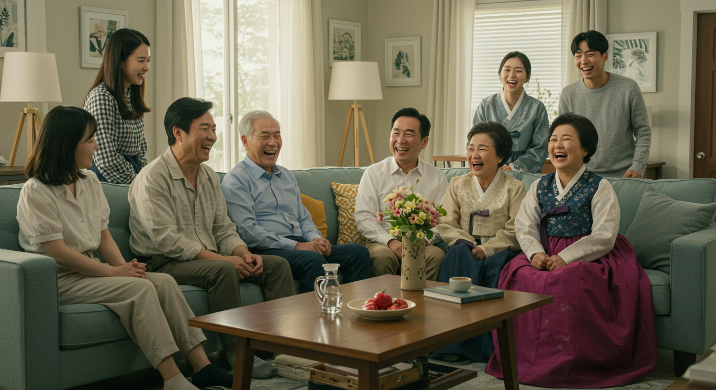 현대적 거실에서 다양한 세대의 사람들이 함께 웃고 있는 모습