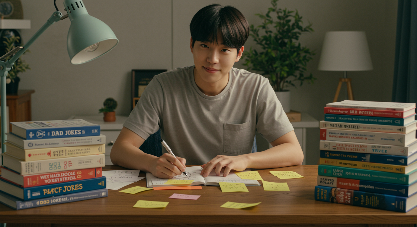책과 노트로 아재개그를 공부하는 젊은 남성의 모습
