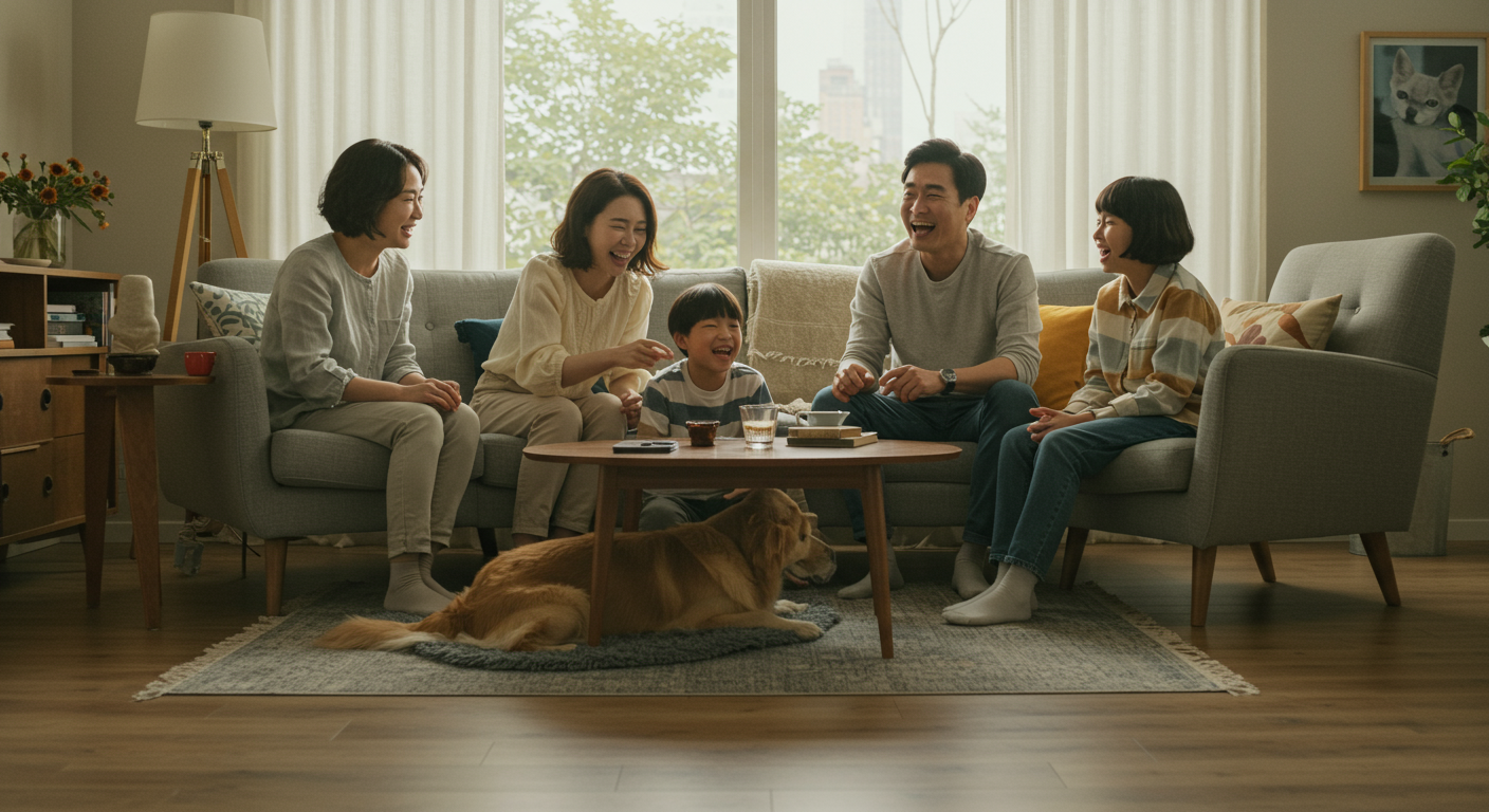 가족이 집에서 동물 관련 농담을 즐기며 반려동물과 어울리는 장면