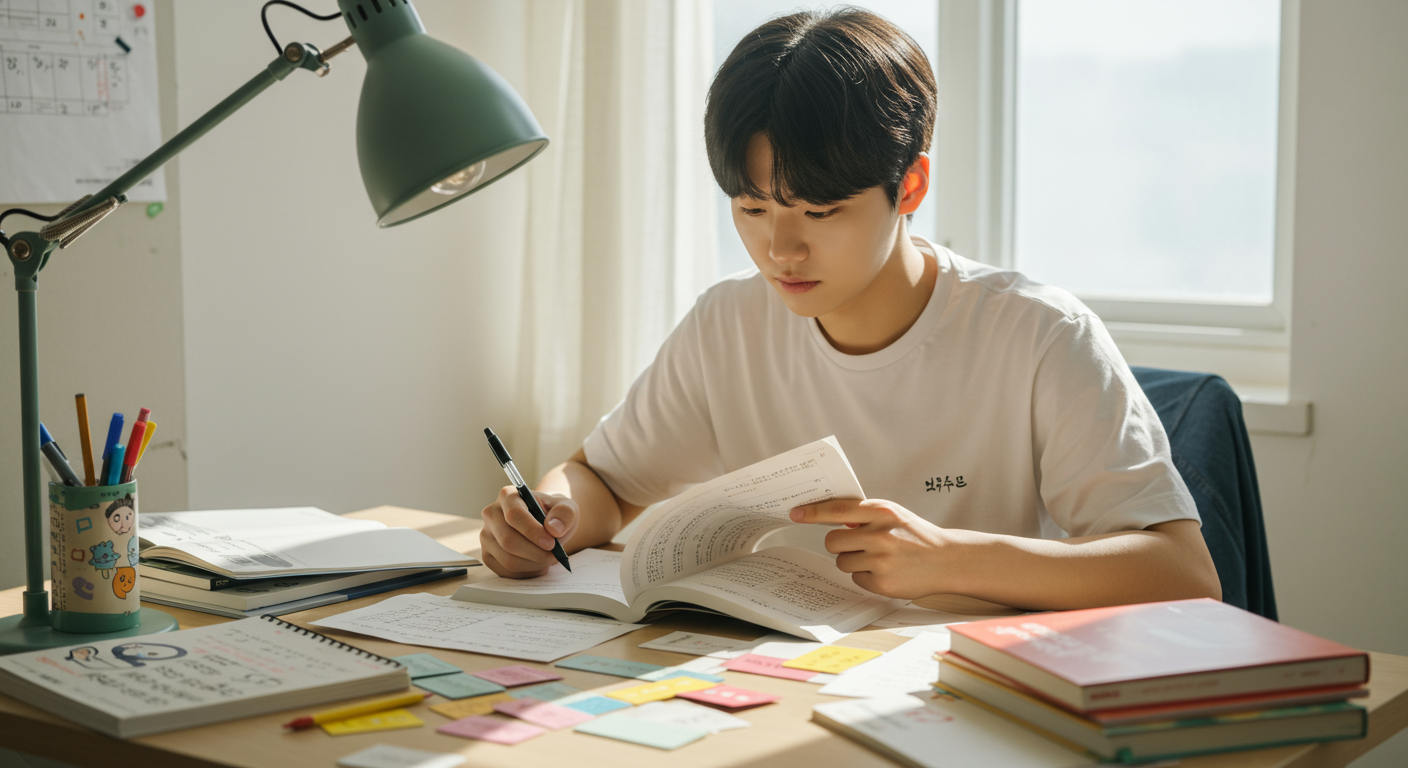 책과 필기 노트로 가득 찬 책상에서 한국어 문법을 공부하는 학생의 모습