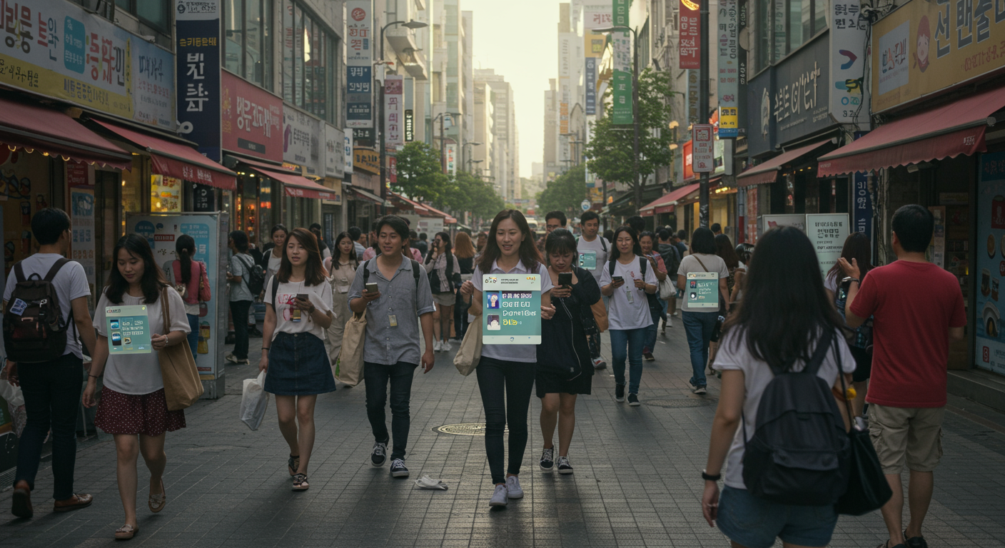 서울 거리에서 사람들이 스마트폰과 태블릿을 사용하여 올바른 단어 사용을 연습하고 있는 장면