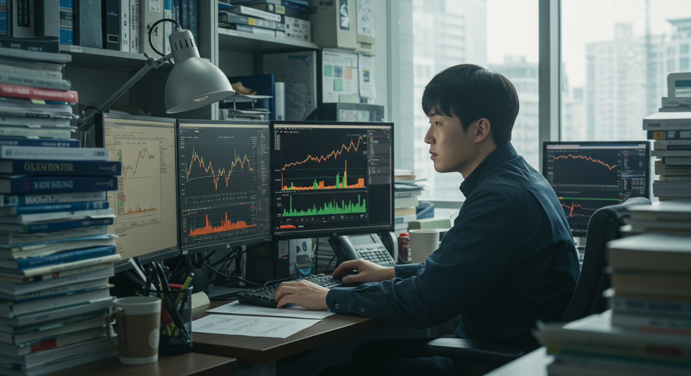 두 대의 컴퓨터 모니터로 비트코인 변동성을 분석하는 트레이더의 모습