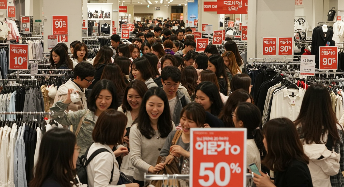 할인 태그가 붙은 베스트셀러 제품을 고르는 쇼핑객들
