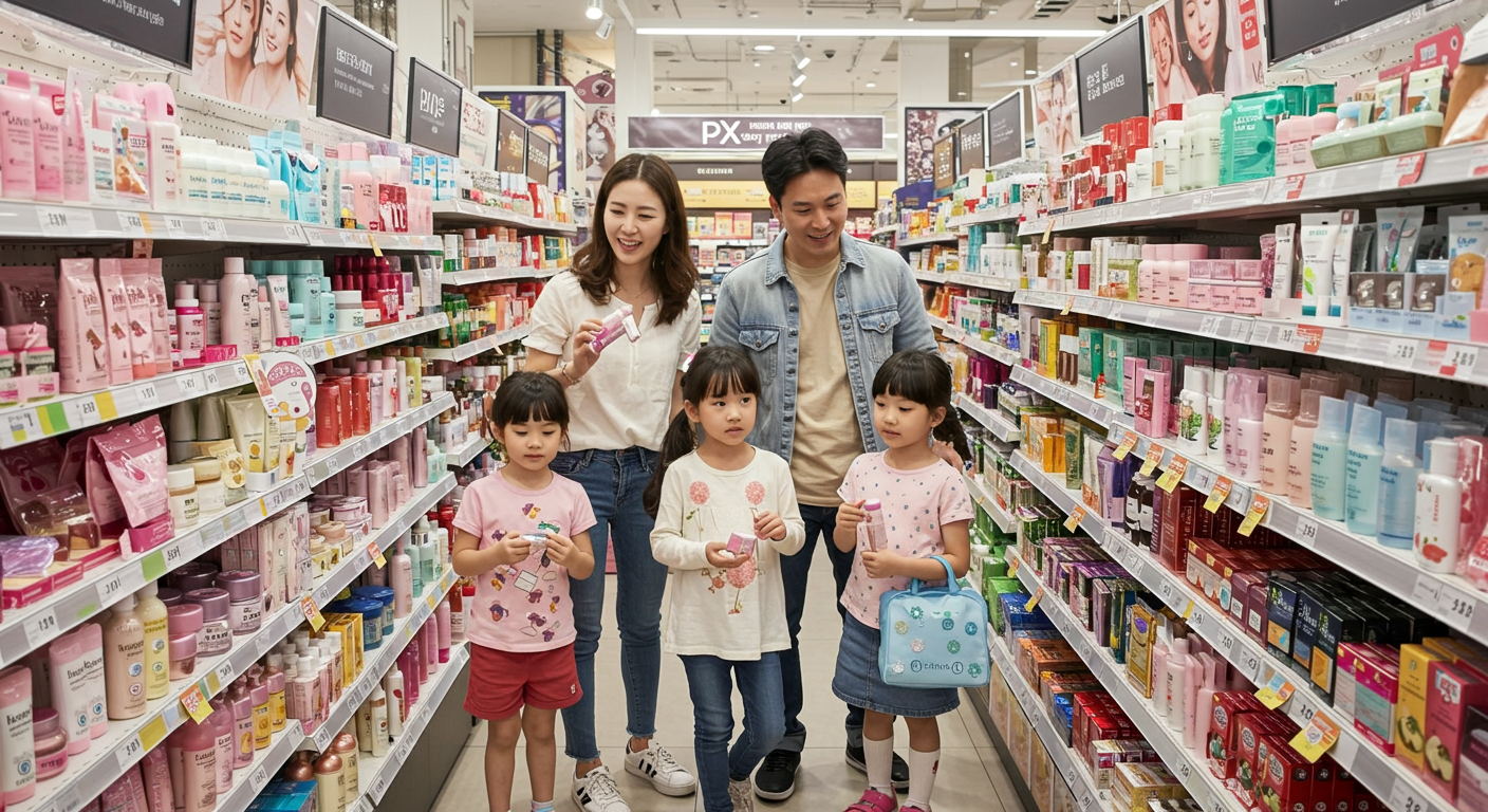 군인 가족이 PX 매장에서 인기 브랜드 화장품을 쇼핑하는 활기찬 장면