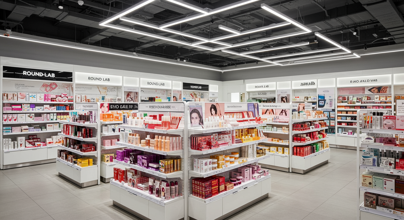 현대적인 PX 매장에 진열된 라운드랩과 아비브 같은 인기 화장품 브랜드