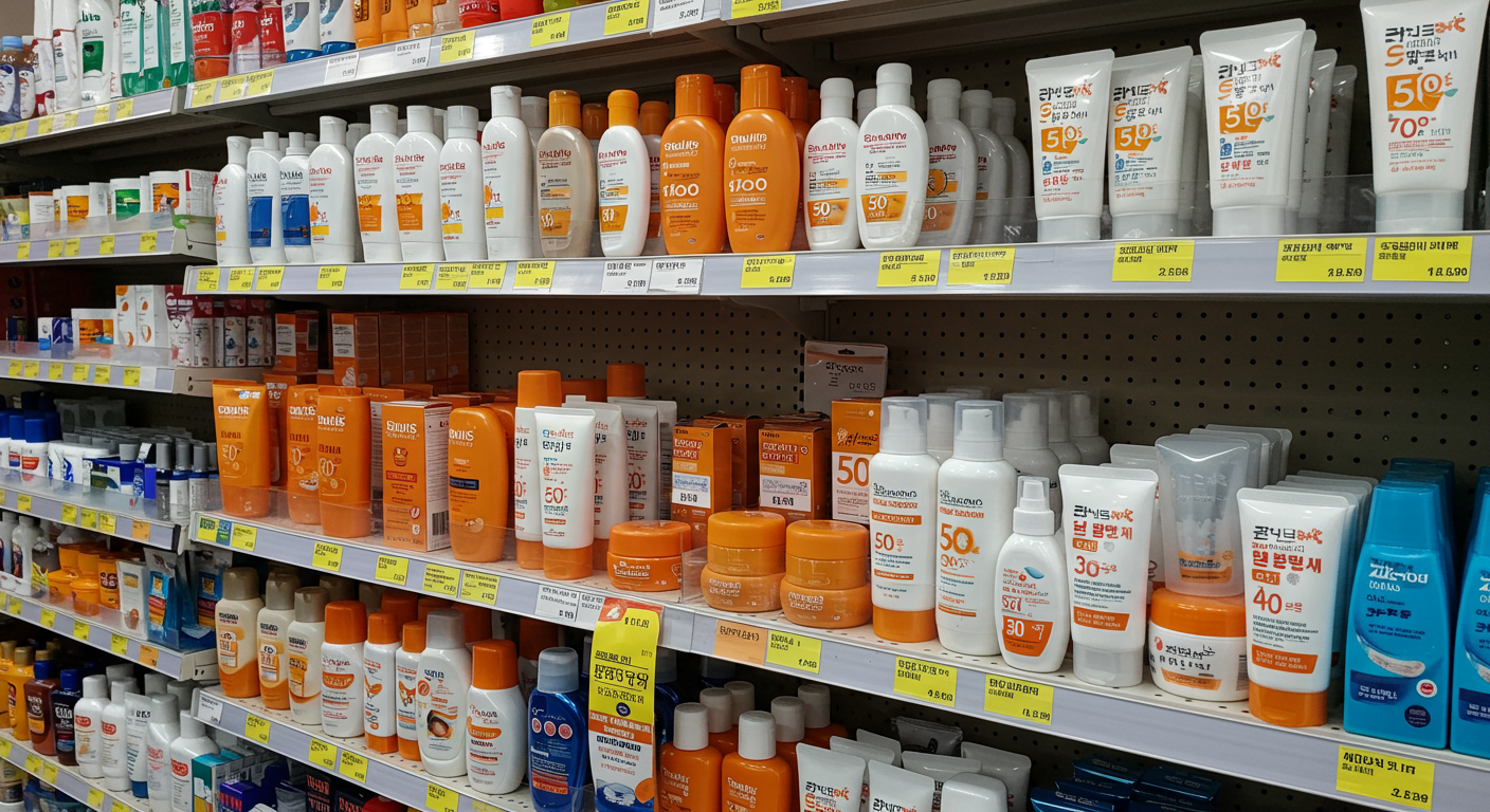 다양한 피부 타입을 위한 선크림 제품들이 깔끔하게 진열된 모습