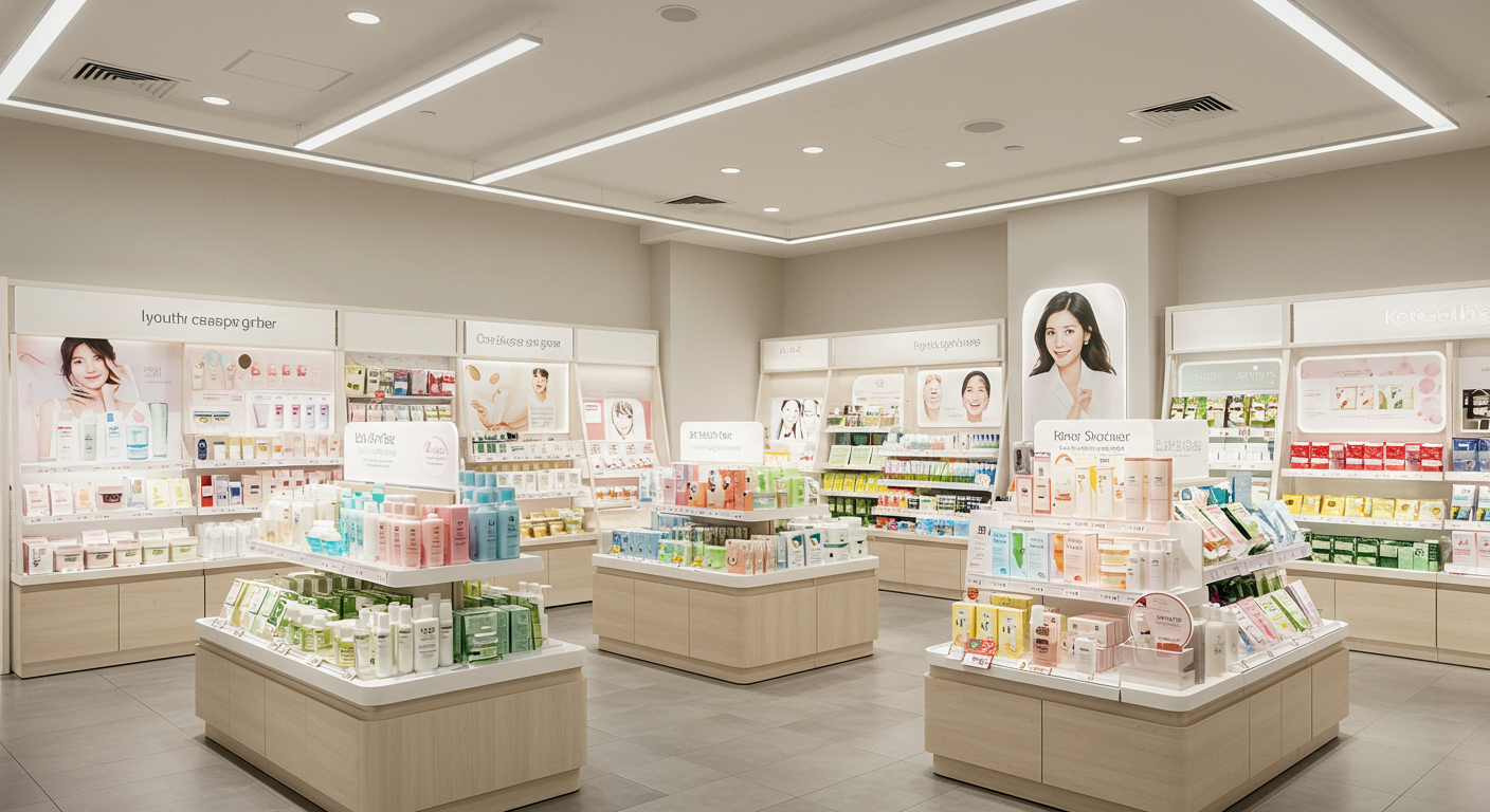 연령대별로 분류된 다양한 기초 화장품 라인이 진열된 모습