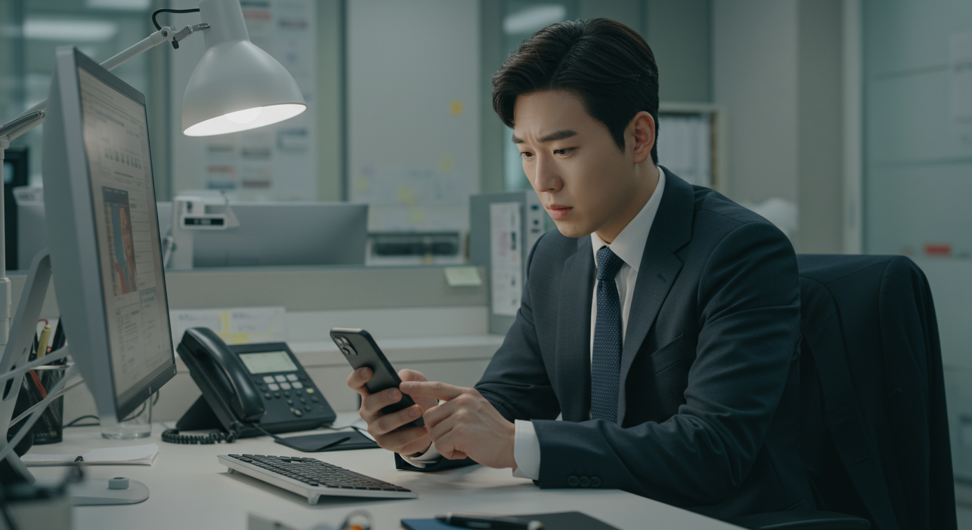 한국의 직장인이 스마트폰으로 뉴스 확인 중인 모습