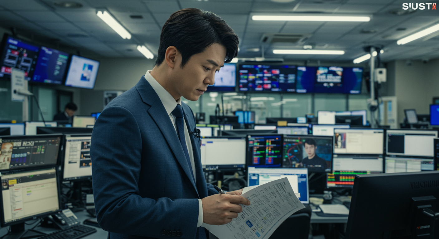 바쁜 뉴스룸에서 기술 뉴스를 다루는 한국 기자의 모습