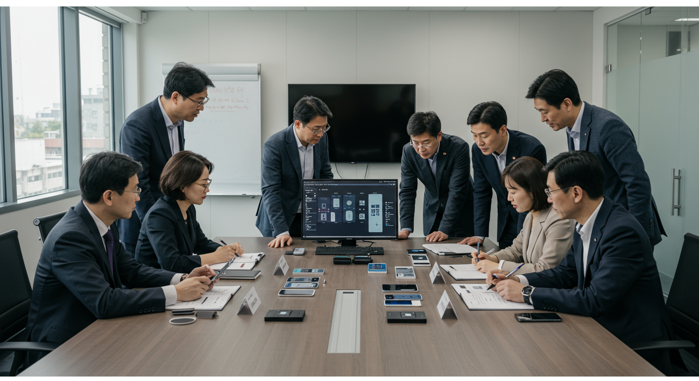 회의실에서 스마트폰 전략을 논의하는 한국 임원들