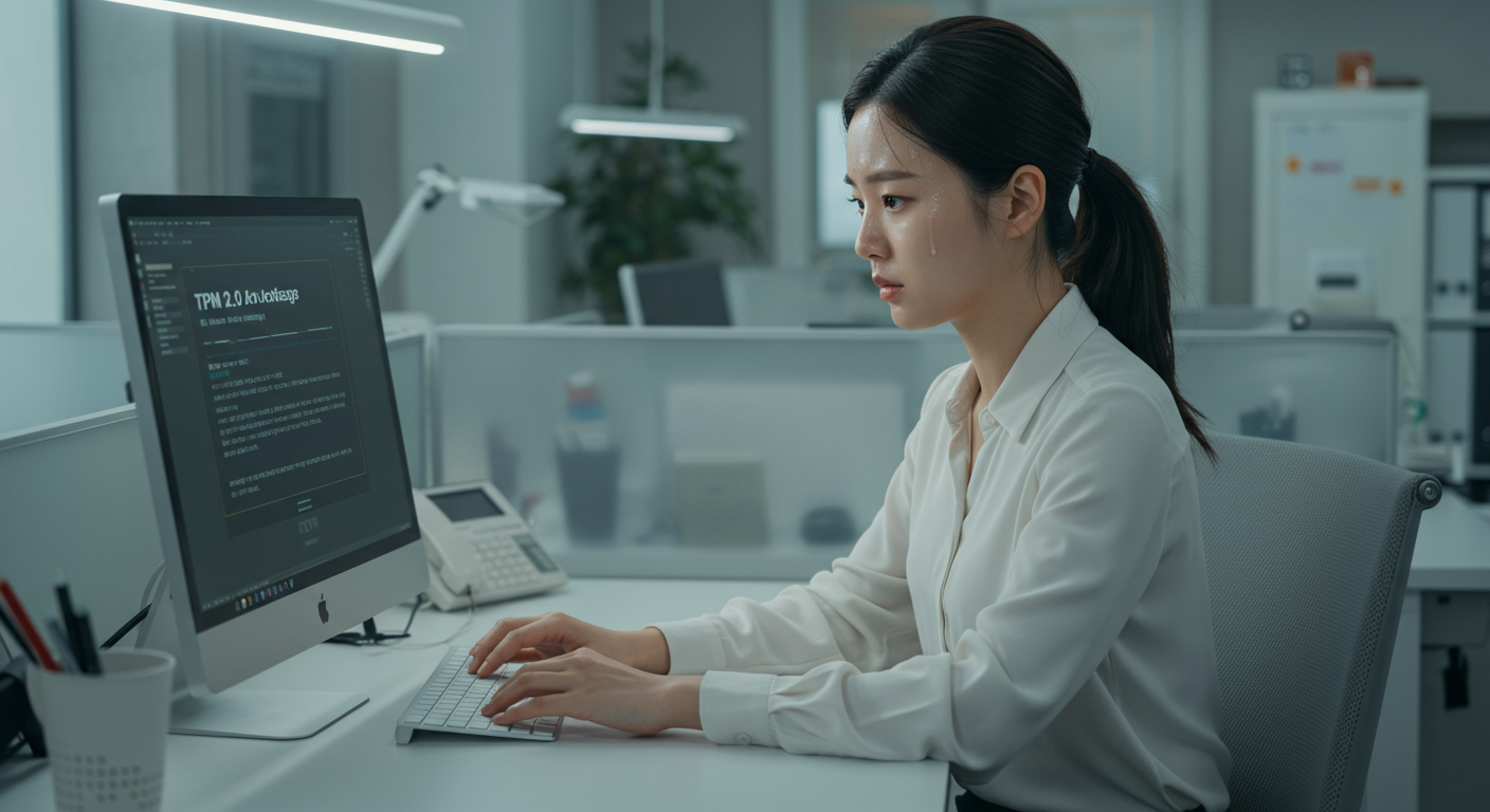현대적인 사무실에서 TPM 2.0 활성화 메시지를 보는 모습