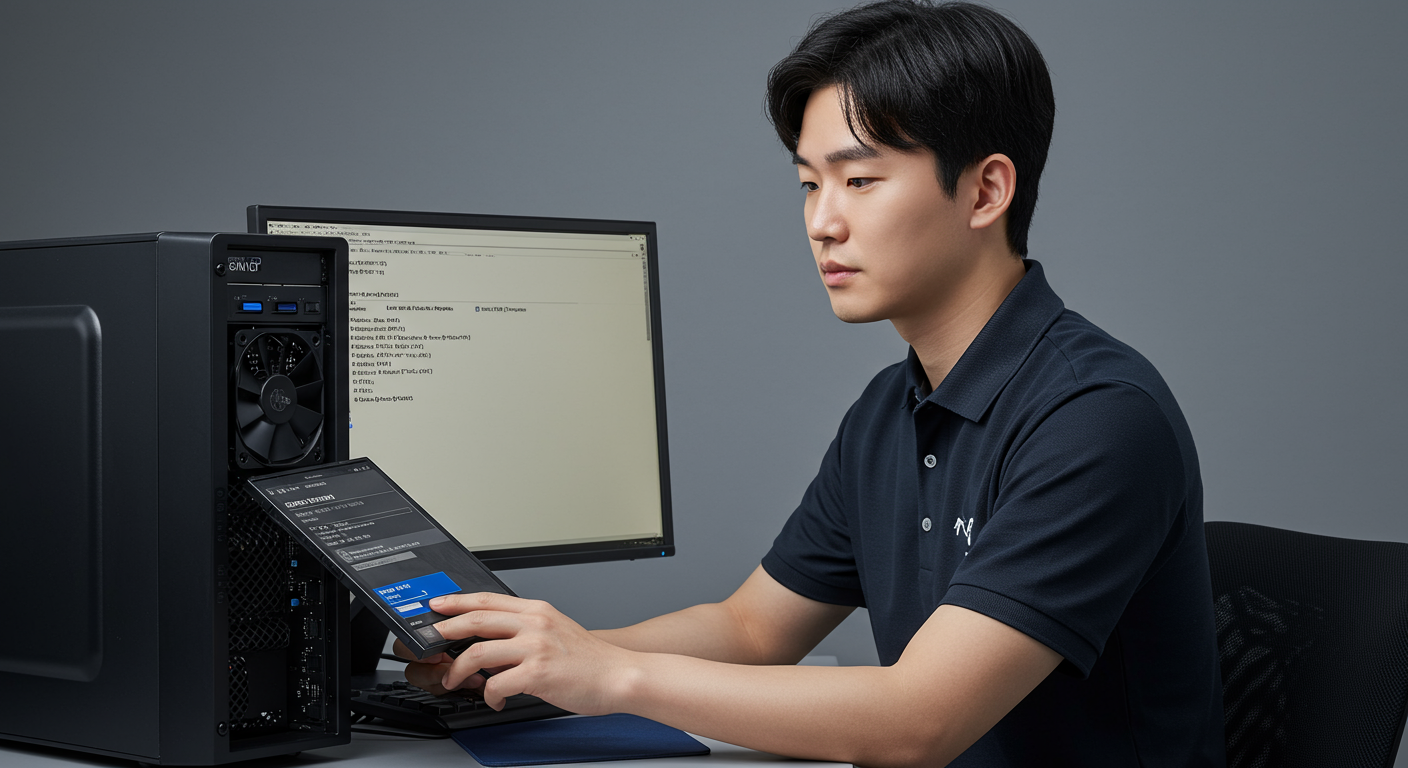 부팅 중 BIOS 설정에 진입하는 기술자의 모습
