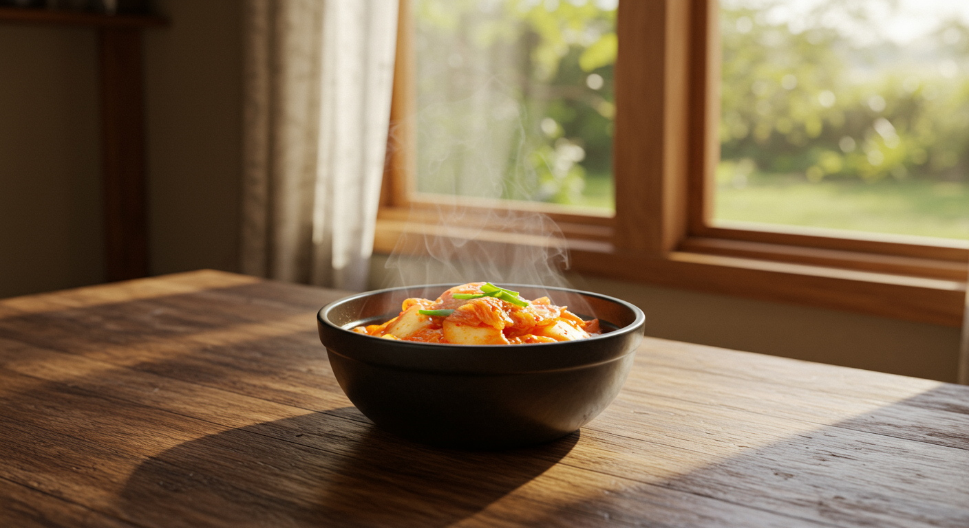 따뜻한 햇살 아래 주방 테이블 위에 놓인 김치찌개의 모습