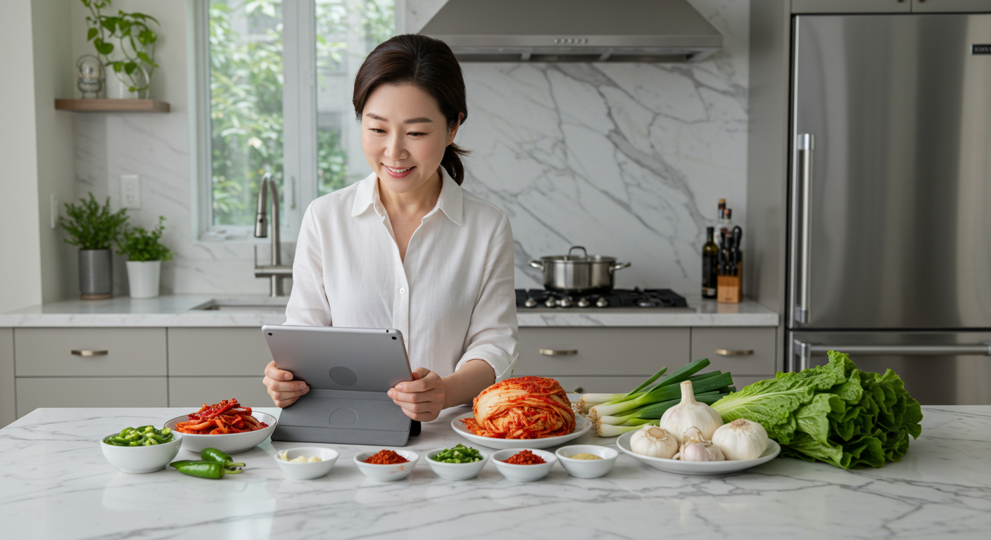 현대적인 주방에서 태블릿으로 레시피를 보는 사람과 조리 준비된 재료들