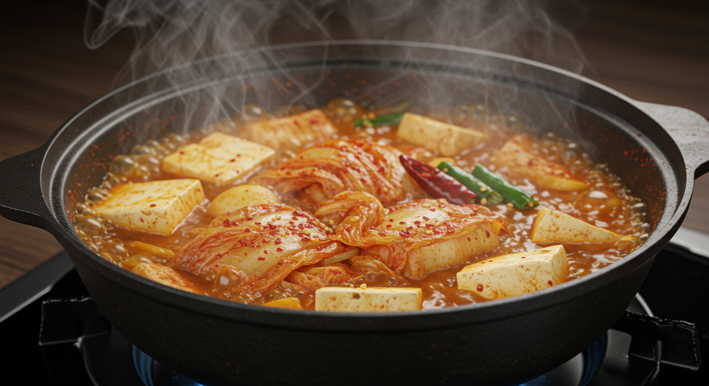 스토브 위에서 끓고 있는 김치찌개의 근접 사진과 재료들의 생생한 색감