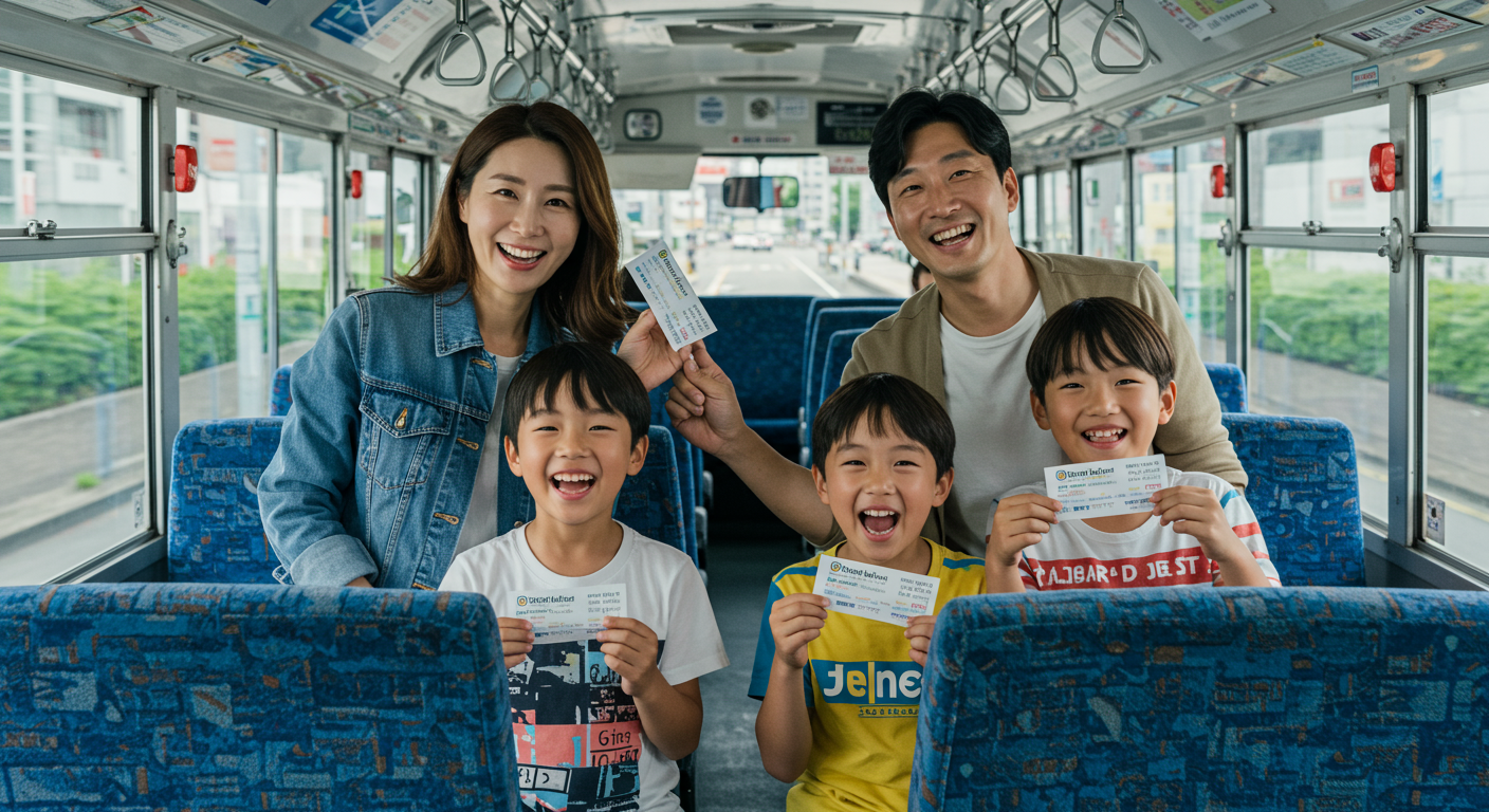 주말에 도니치 에코 킷푸 티켓을 들고 나고야 시내버스를 탑승하는 한국인 가족의 미소짓는 모습