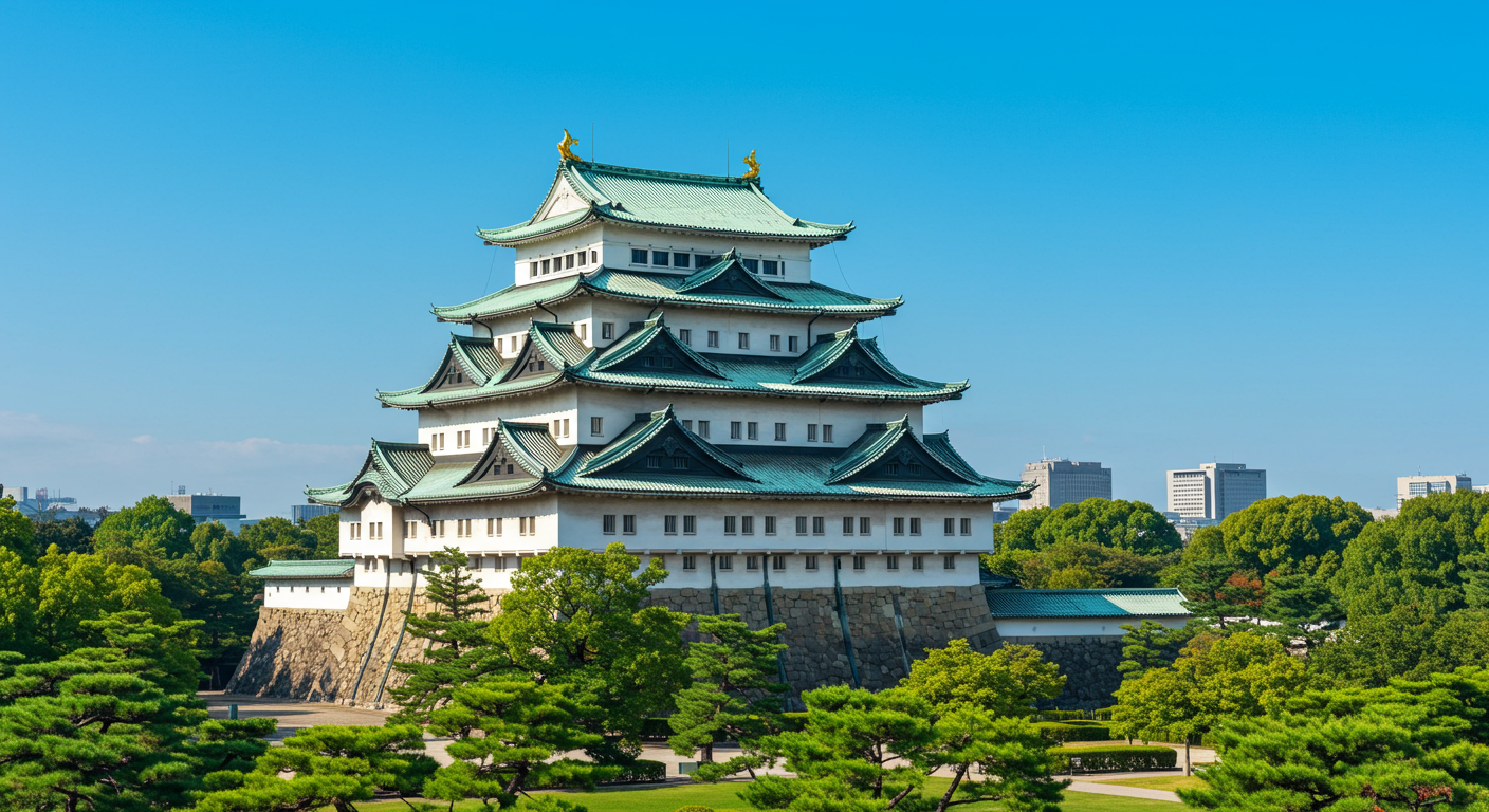 청명한 하늘 아래 금빛 샤치호코 장식이 돋보이는 웅장한 나고야성