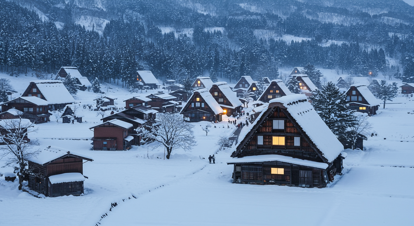 겨울에 눈으로 덮인 시라카와고 합장마을의 전통 가옥 풍경