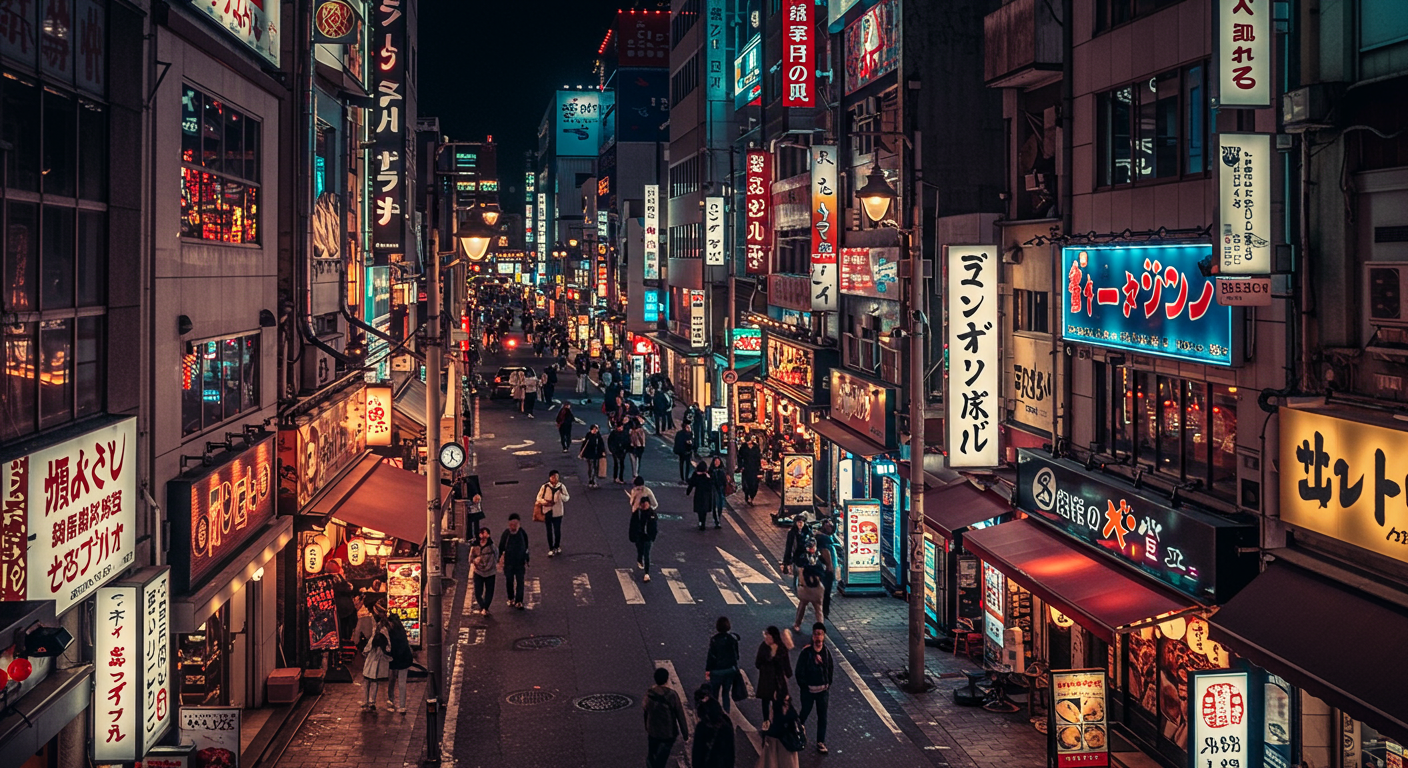 화려한 조명과 번화한 거리로 가득한 밤의 사카에 지역